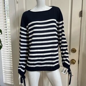 Zara Knit Navy/White Striped Boatneck Top w/ Tied Sleeves Sz M